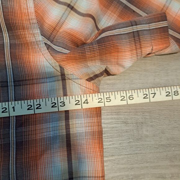 Prana Shirt Mens XXL Orange Brown Plaid Pearl Snap Organic Cotton Short Sleeve - Picture 7 of 12